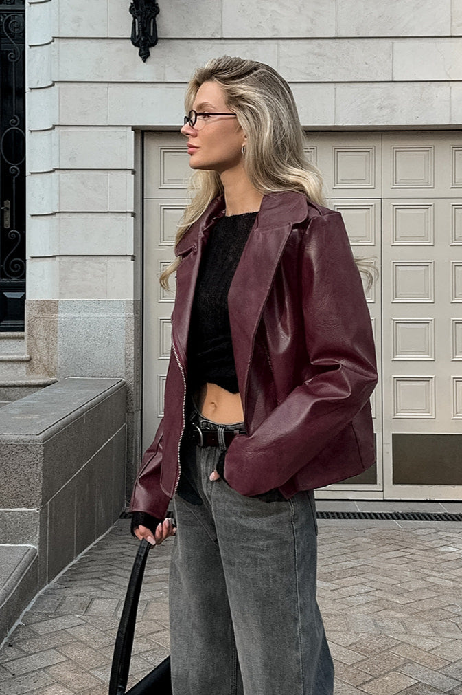 Chic Angora Red PU Leather Blazer for Stylish Outfits