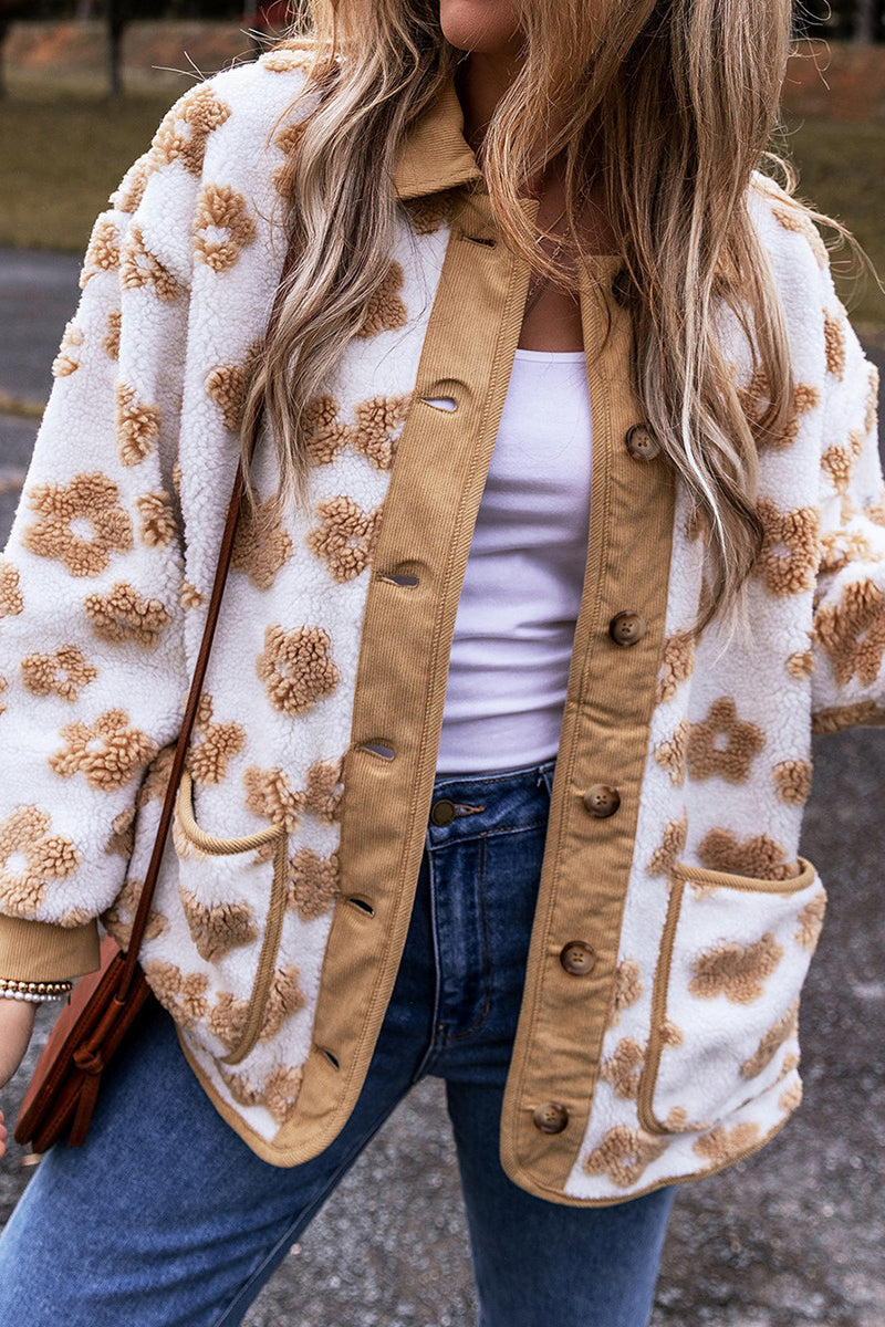 Leopard Print Fleece Long Sleeve Coat with Stylish Lapel