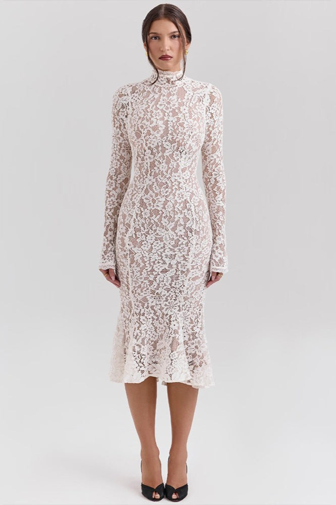 Lace High Neck Long Sleeve Mermaid Midi Dress