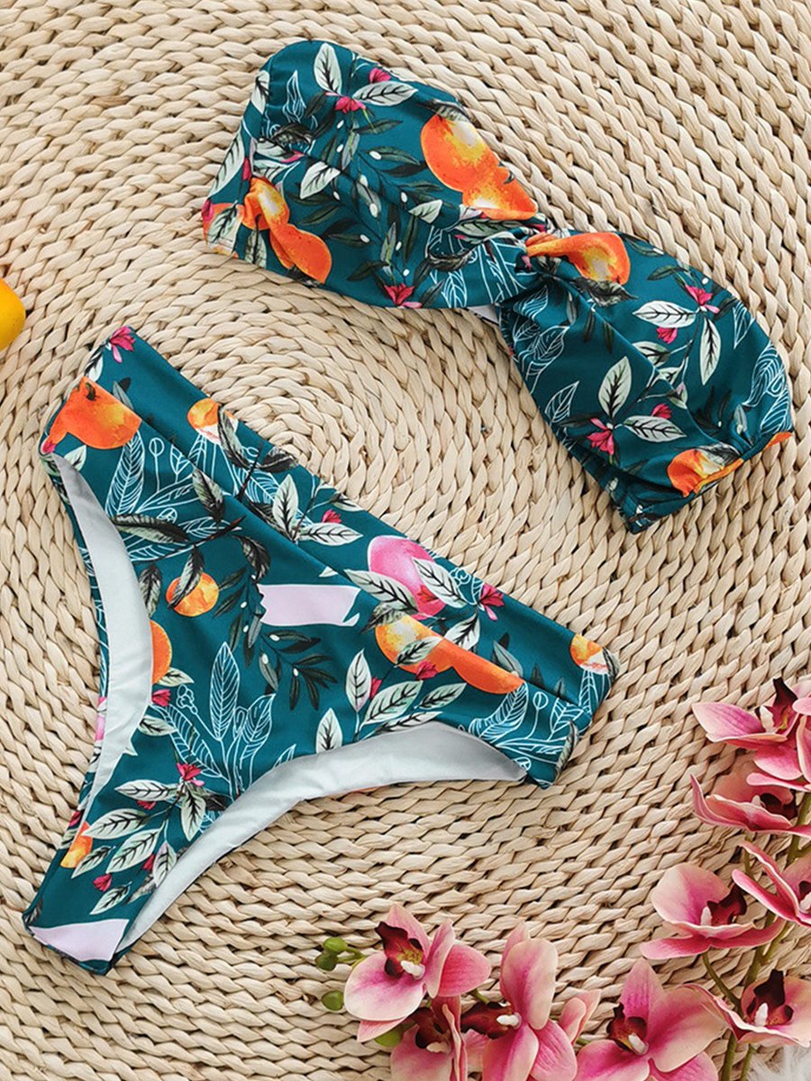 Print Strapless High Waist Bikini Set - Fashionpara