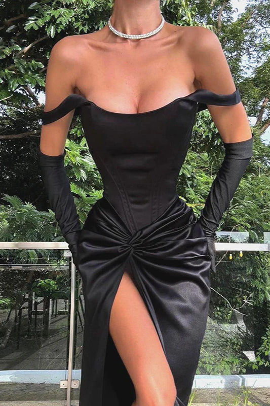 Satin Twist Front Split Party Dress - Fashionpara