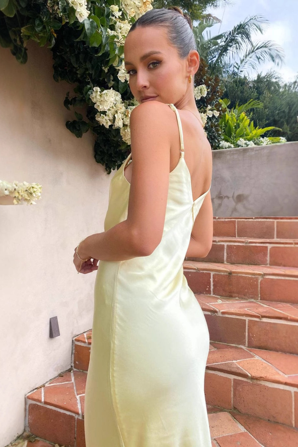 Satin Deep V-Neck Spaghetti Strap Bias Cut Slip Maxi Gown - View 5