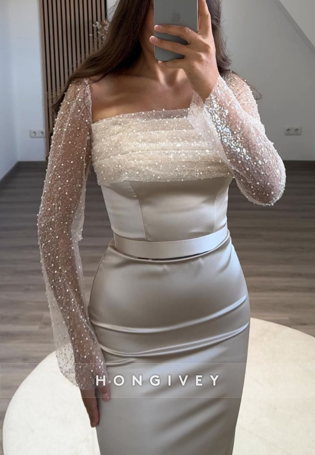 Formal Long Sleeve Sheath Floor-Length Square Appliqued Pleated Evening Gown