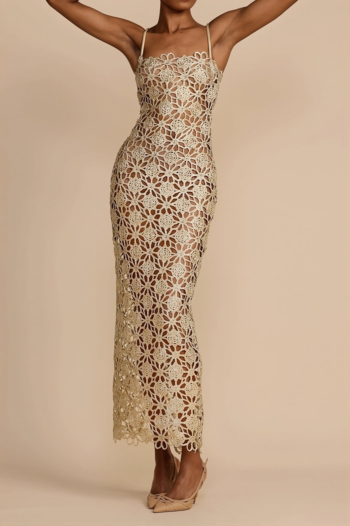 Crochet Square Neck Strappy Sheer Bodycon Maxi Dress