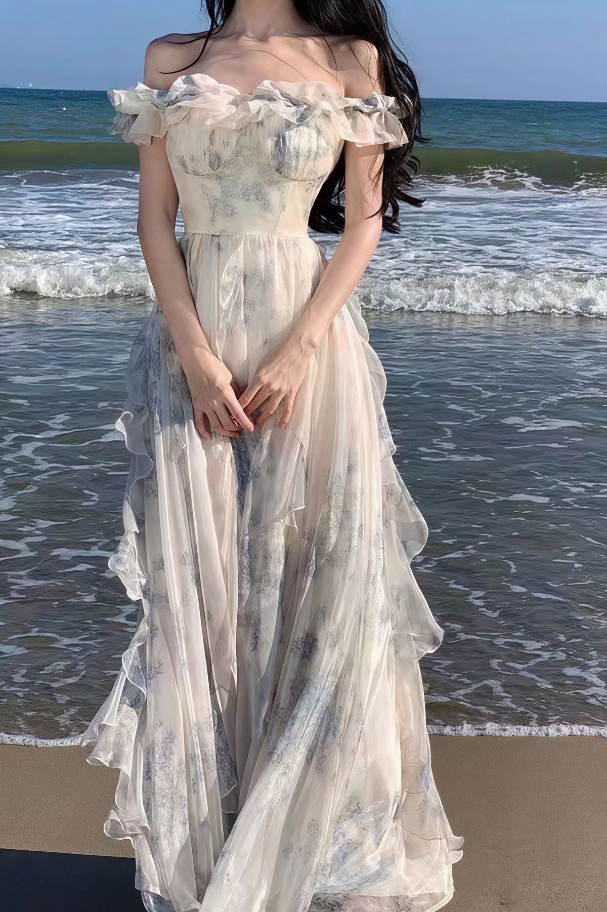 Floral Print Off Shoulder Ruffle Tulle Maxi Gown