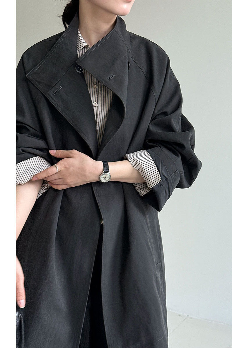 Sophisticated British-Style Mid-Length Stand-Collar Trench Coat