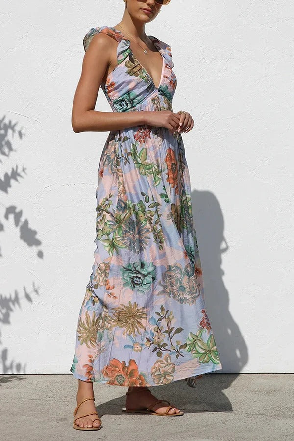 Unique Printed V-neck Ruffled Straps Pleated Back Maxi Dress - Fashionpara
