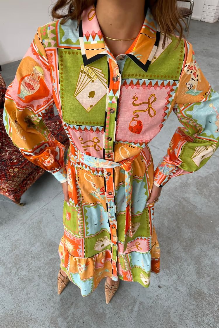 Linen Blend Unique Printed Long Sleeve Lapel Tie-waist Midi Dress - Fashionpara