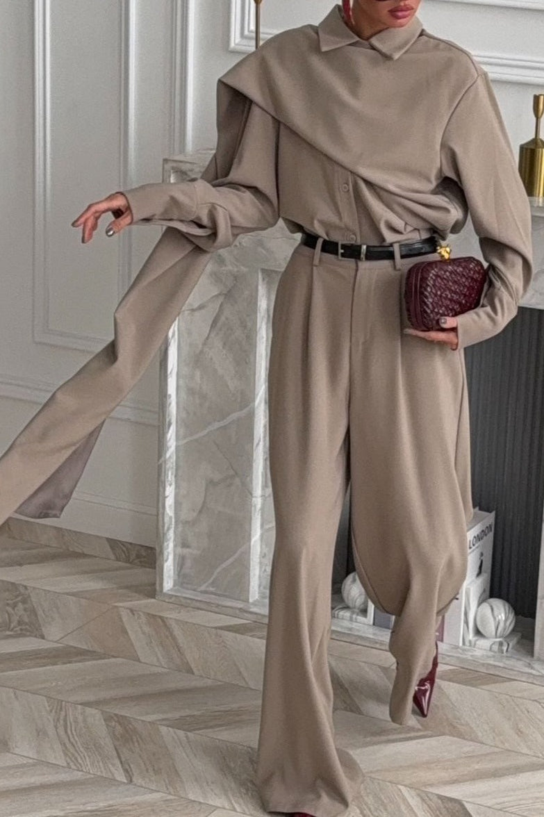 Vintage Chic Lapel Scarf Top & Wide Leg Pants Two Piece Set