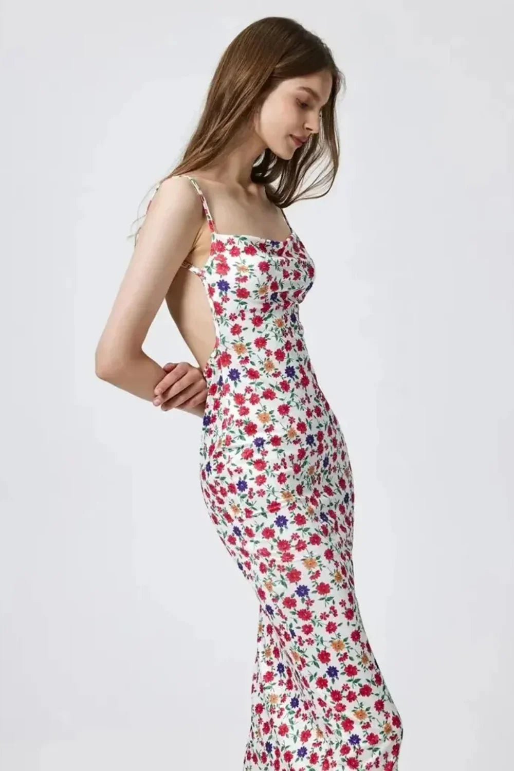 Ditsy Floral Square Neck Strappy Bodycon Maxi Dress 4
