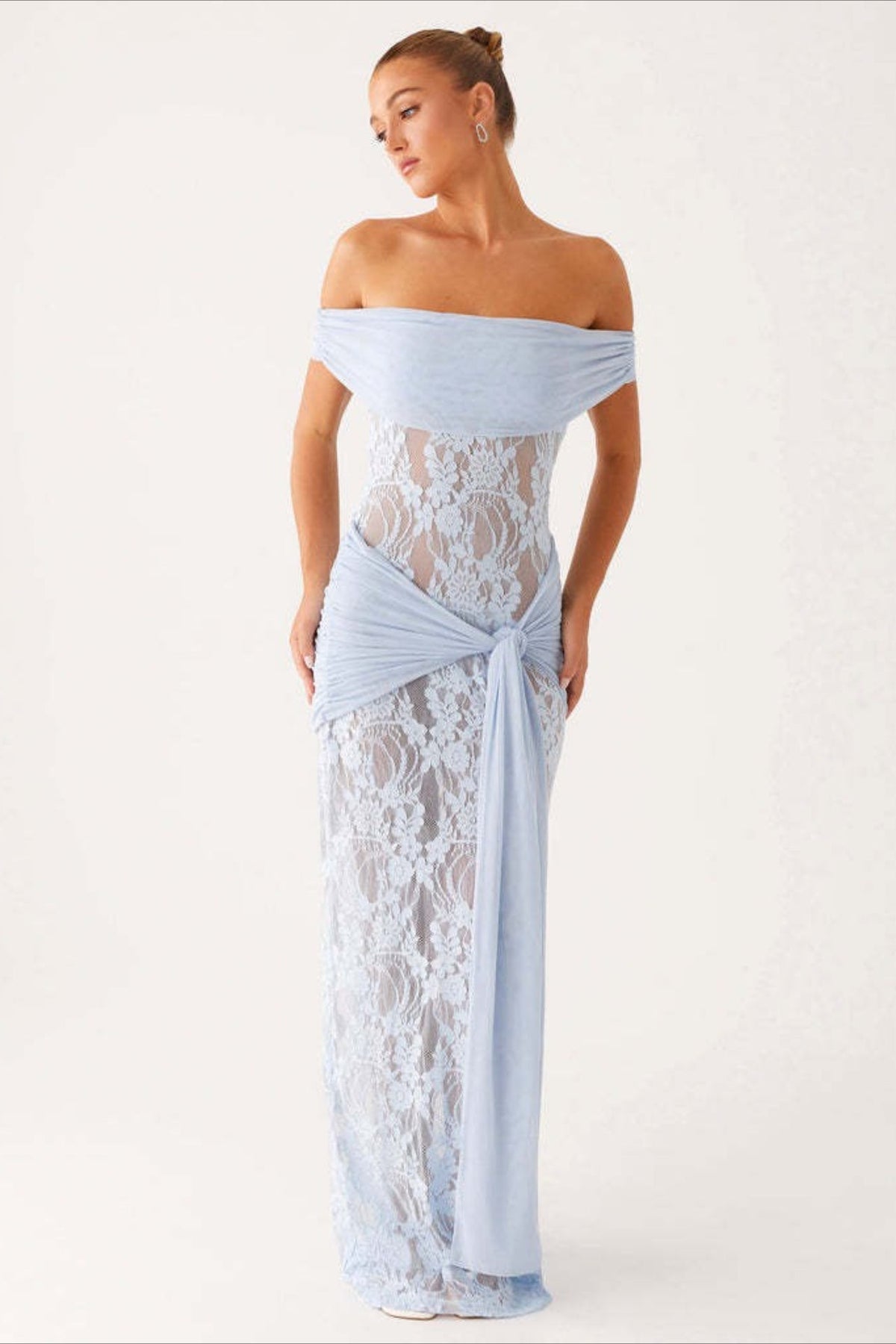 Off Shoulder Floral Lace Draped Sheer Maxi Gown