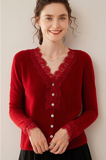Luxe Cashmere V-Neck Cardigan with Elegant Lace Trim