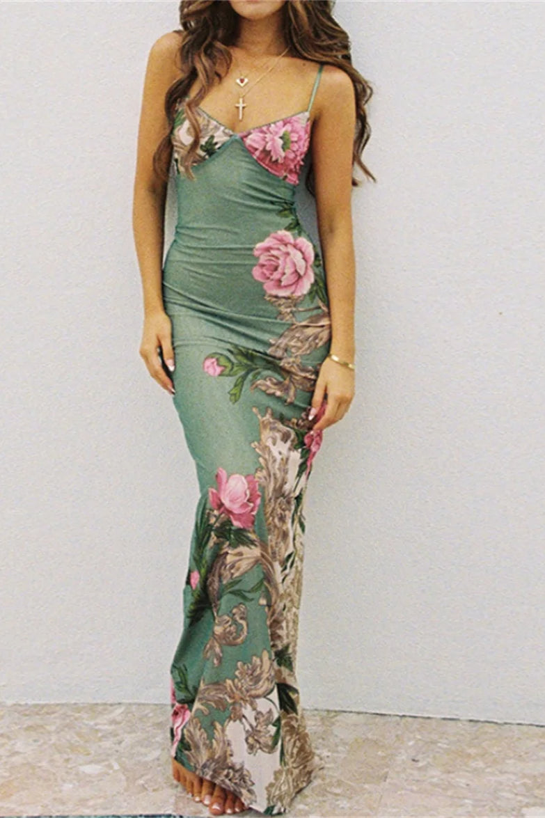 Floral Print V-Neck Spaghetti Strap Mermaid Maxi Dress