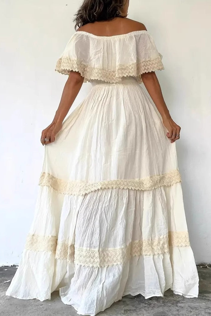 Off-Shoulder Ruffle Lace Trim Tiered Boho Maxi Dress