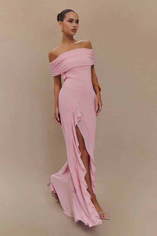 Off-Shoulder Ruffle Mesh Split Maxi Party Dress