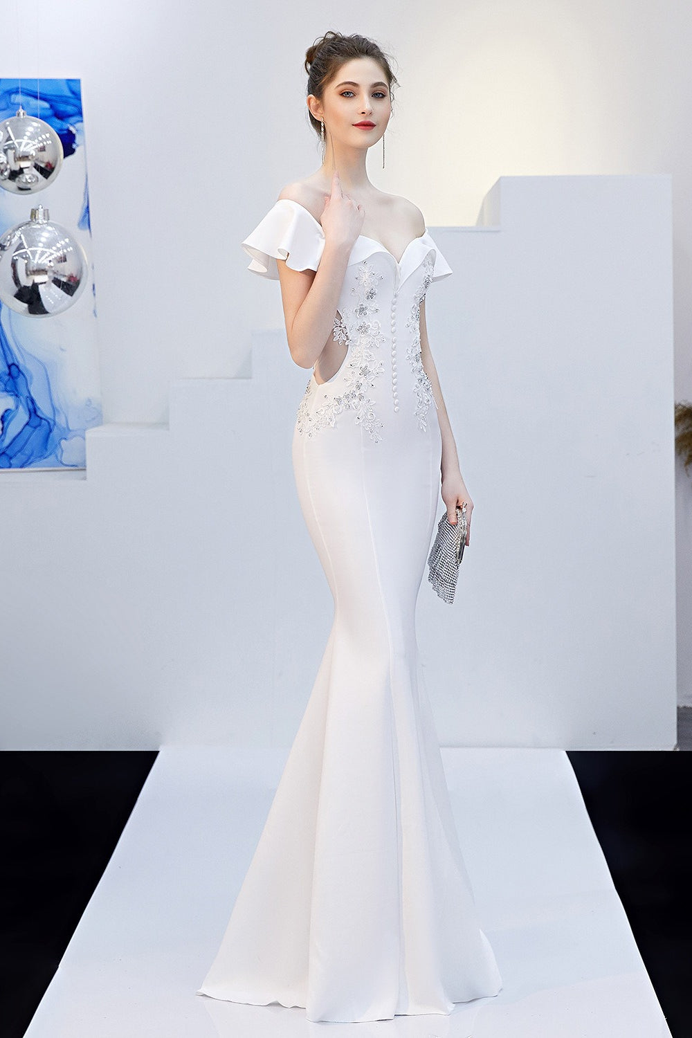 Off Shoulder Ruffle Beaded Mermaid Formal Gown - View 4