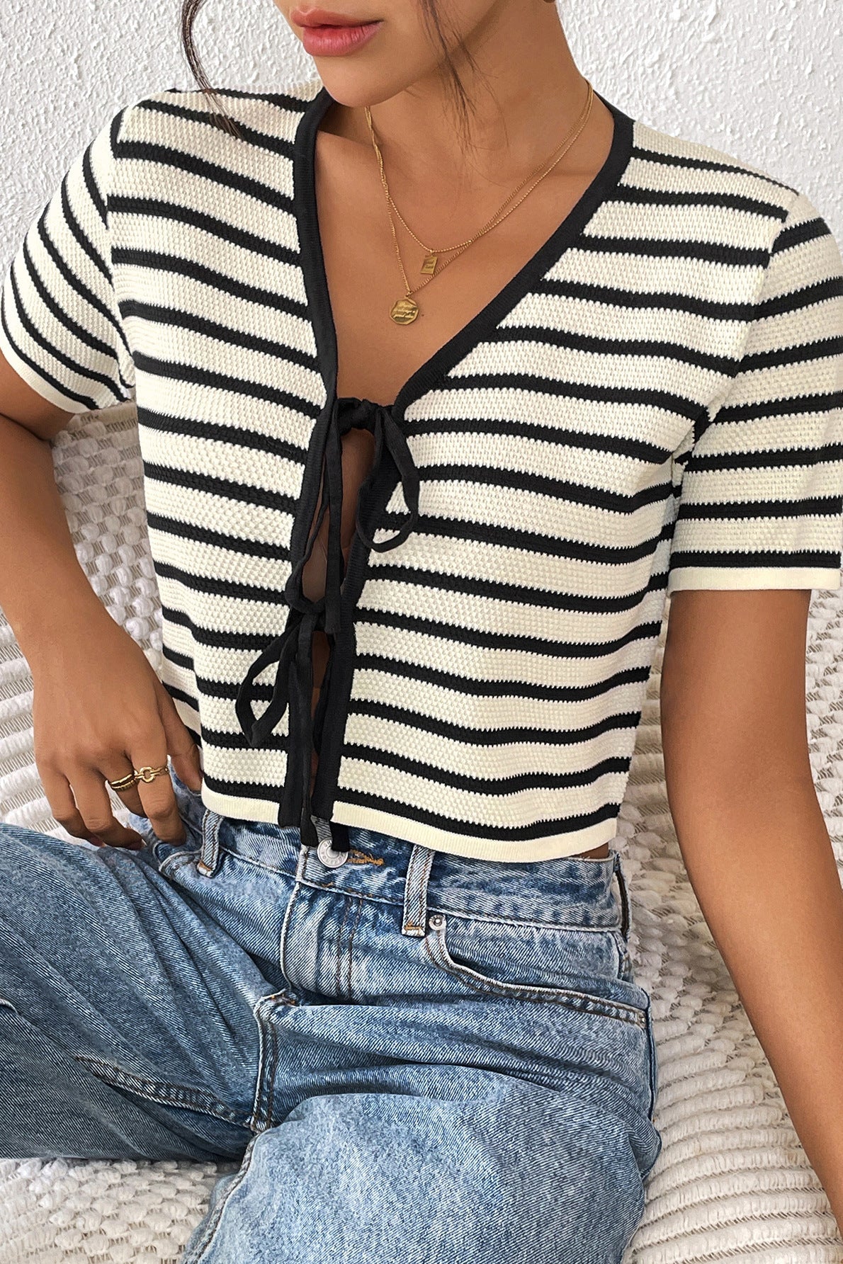Striped Tie-Front Knit Cardigan for Chic Short Sleeves