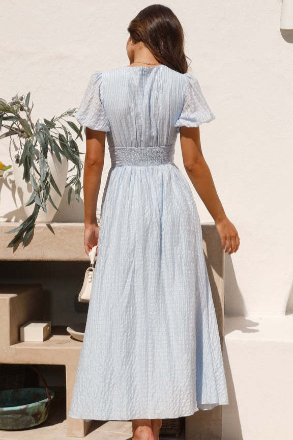V-Neck Puff Sleeve Button-Front Ruched A-Line Maxi Dress 9