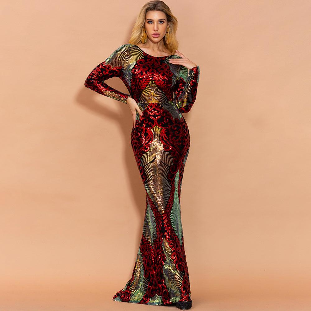 Scarlet Shimmering Brocade Sequin Backless Dress - Fashionpara
