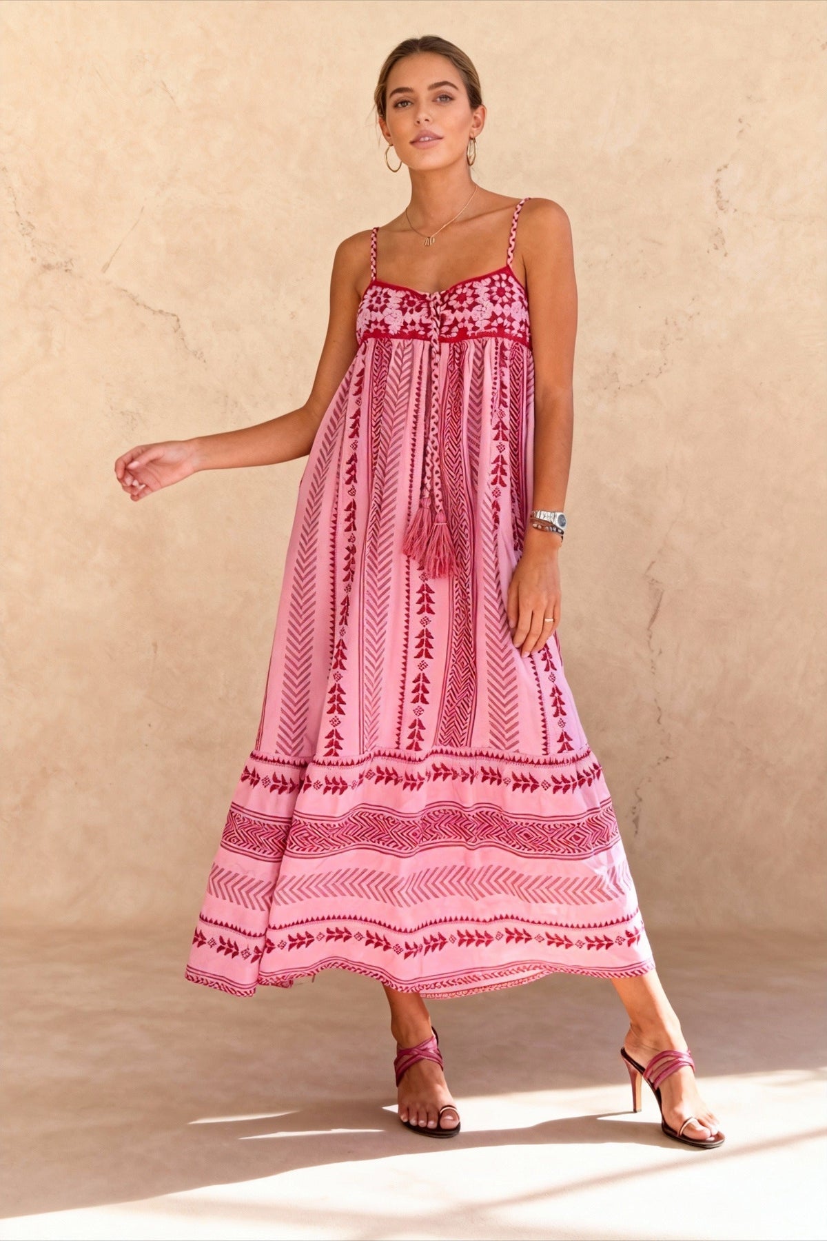 Geometric Embroidered Spaghetti Strap Tiered Maxi Dress