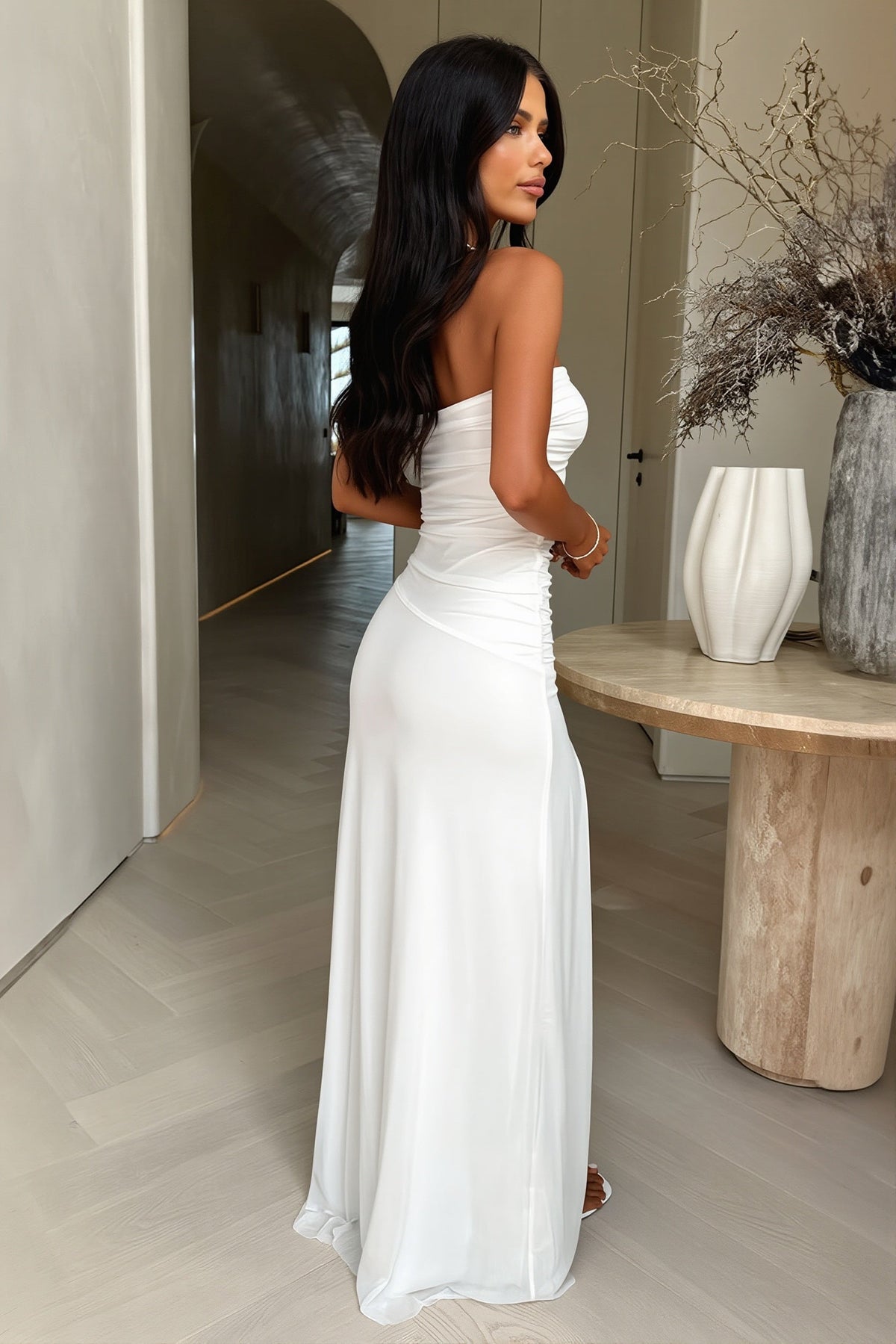 Satin Strapless Ruched High Split Maxi Gown 7
