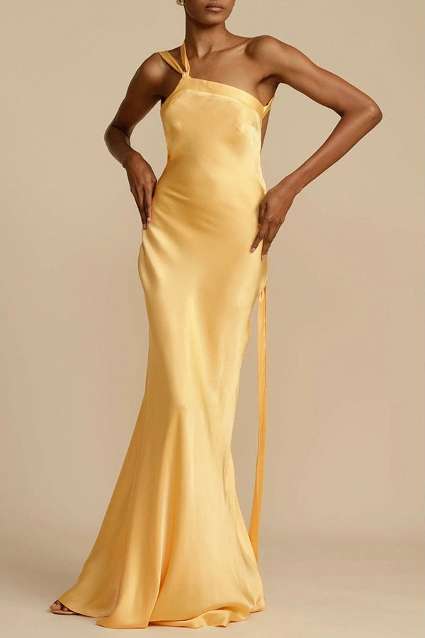 Satin One Shoulder Bias Cut Mermaid Formal Gown