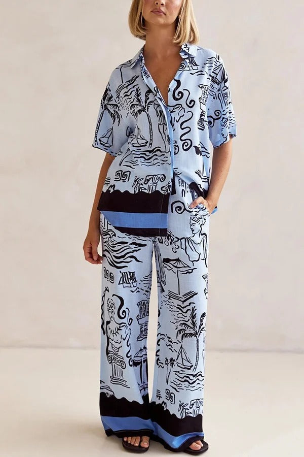 Fashionable Plant Print Loose Lapel Short Sleeve Shirt and Casual Elastic Waist Pocket Pants Set - Fashionpara