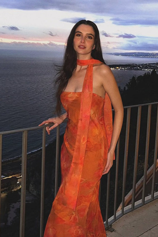 Strapless Tie-Detail Floral Mesh Maxi Dress