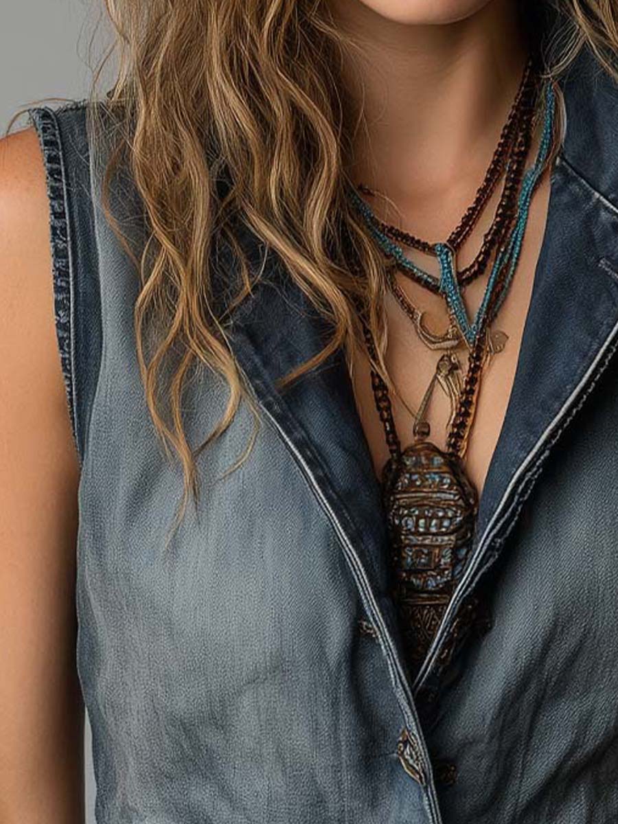 Vintage Workwear Style Distressed Blue Jean Vest - Fashionpara