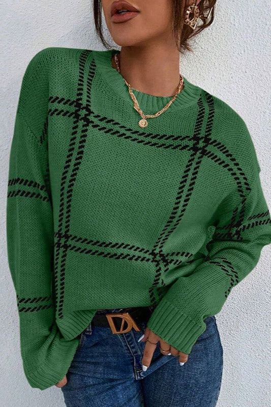 Plaid Crew Neck Relaxed Sweater 10