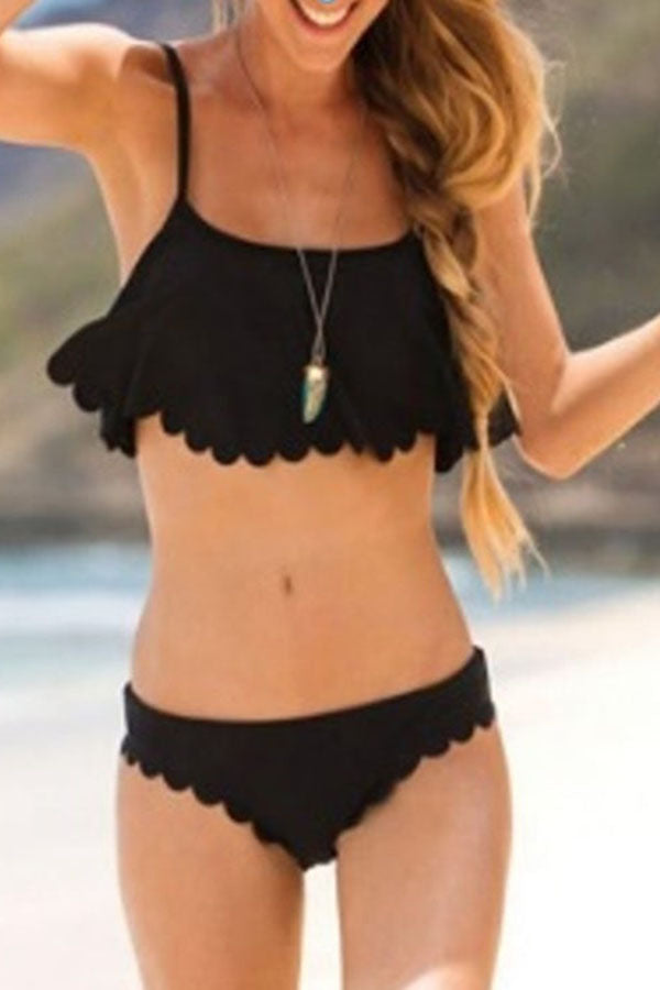 Split plain bikini with lotus leaf lace - Fashionpara