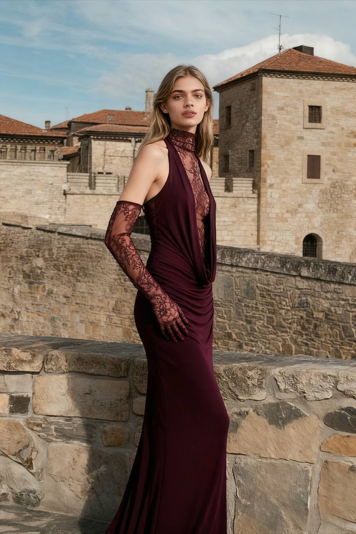 Lace Patchwork Deep V Ruched Prom Dress