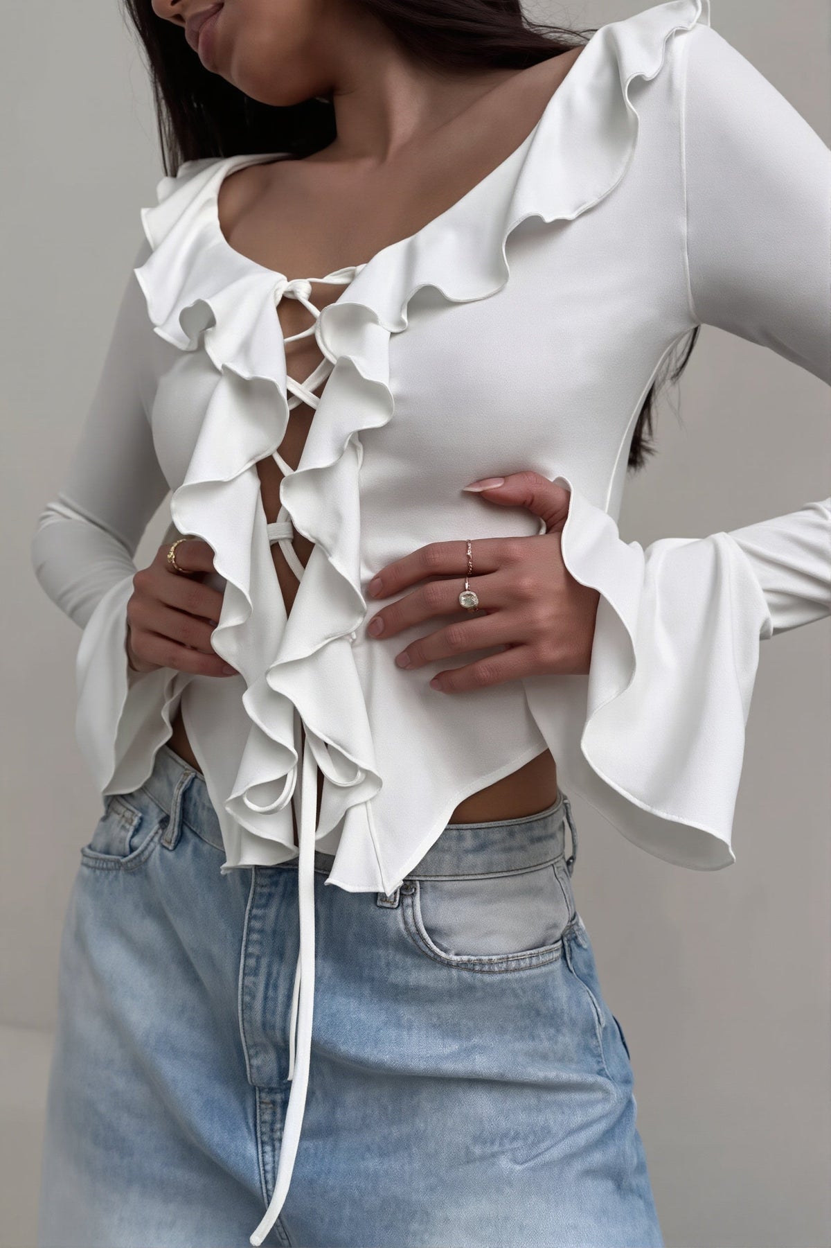 Ruffle Lace Up Flare Sleeve Blouse