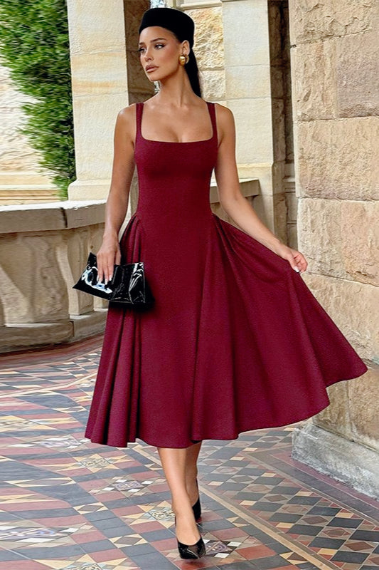 Square Neck Sleeveless Fit-and-Flare Midi Dress