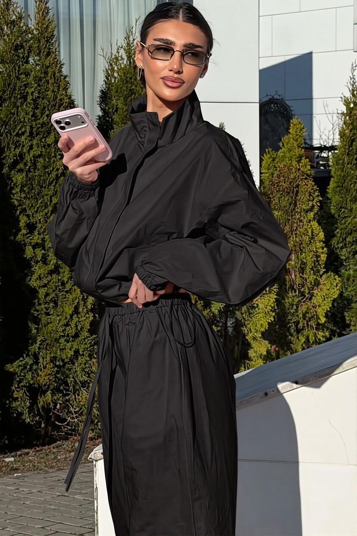 Cropped Zip Windbreaker Wide Leg Pants Set