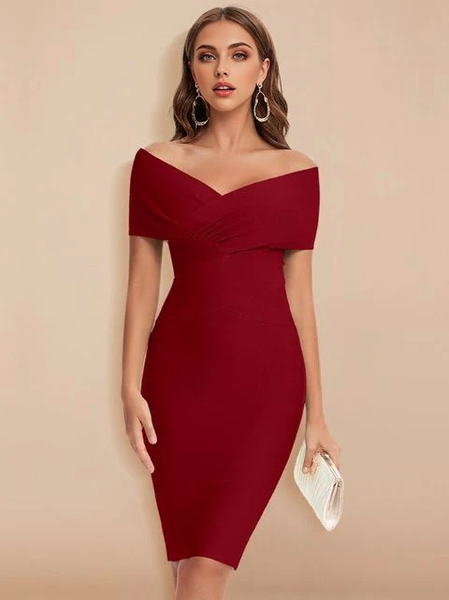 Off-Shoulder V-Neck Ruched Bandage Bodycon Dress 13