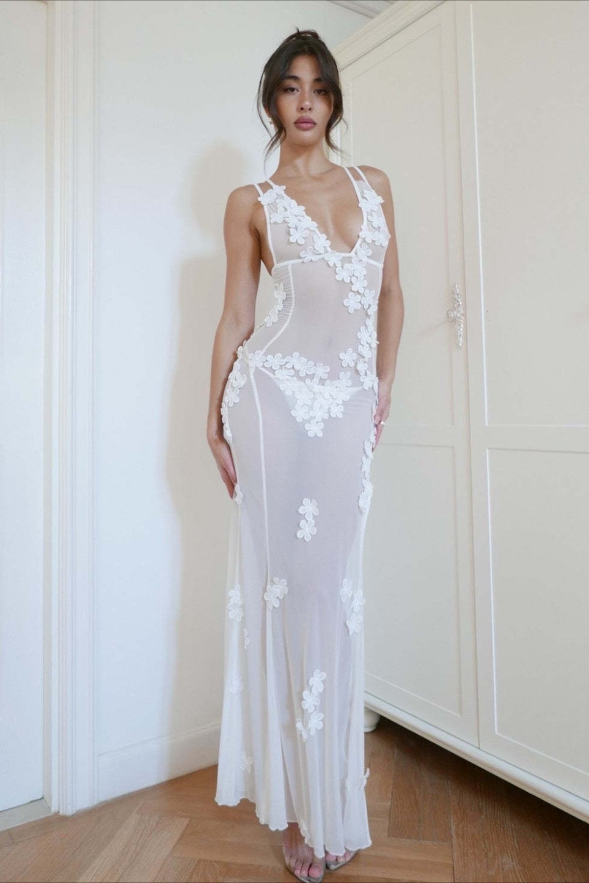 3D Floral Mesh Deep V-Neck Bodycon Maxi Dress