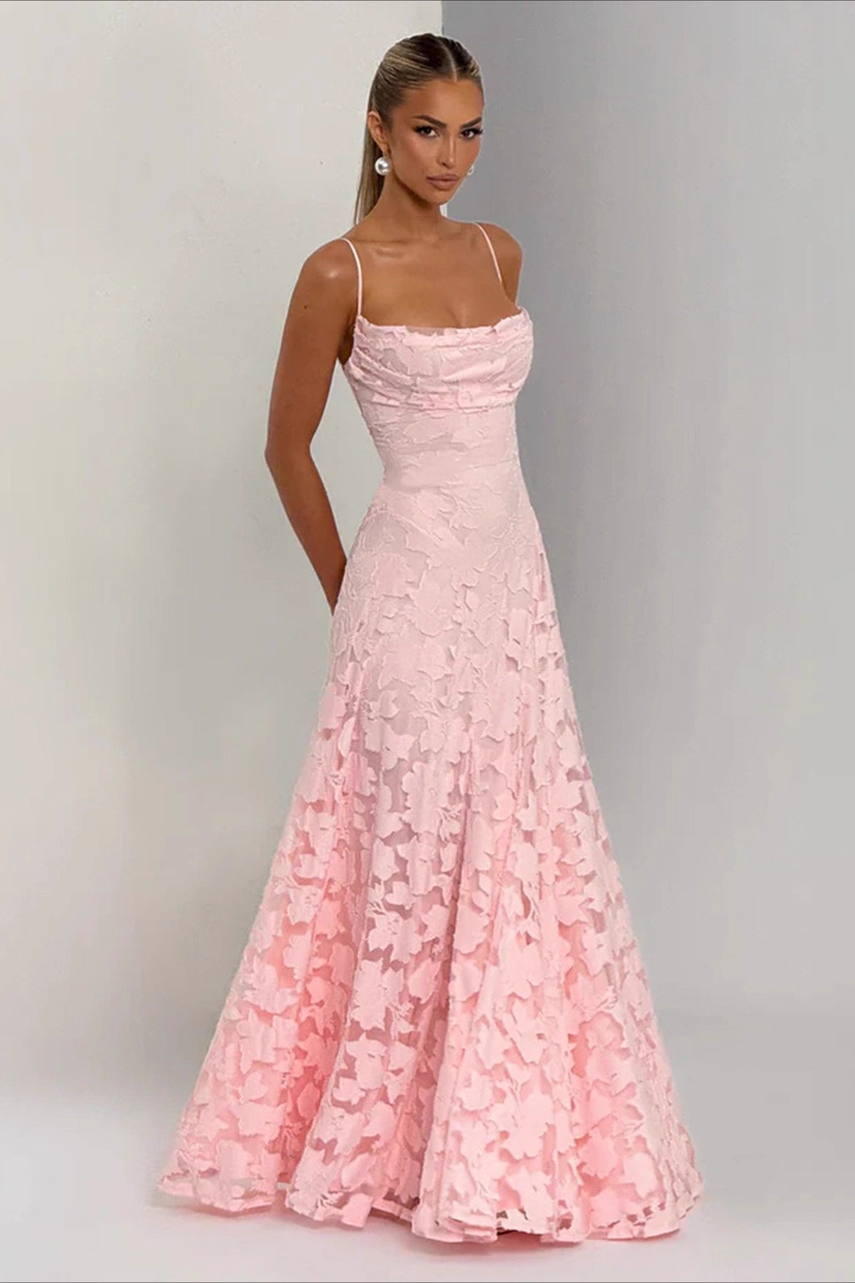 Floral Jacquard Cowl-Neck Spaghetti-Strap Maxi Gown