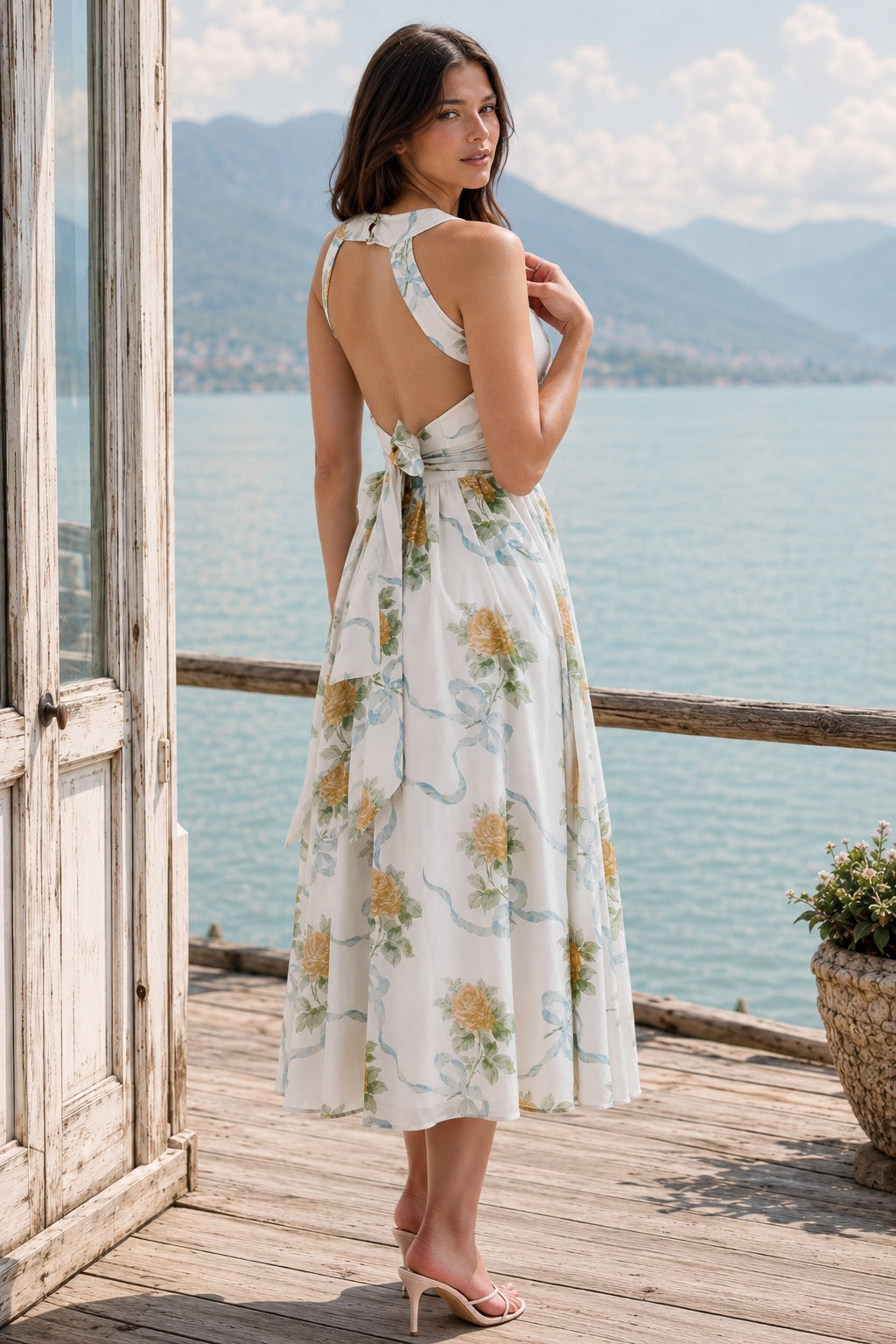 Square Neck Floral Corset Waist High Split Midi Dress 8