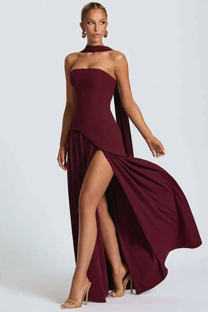 Strapless Satin Scarf Neck High Split Maxi Dress 5