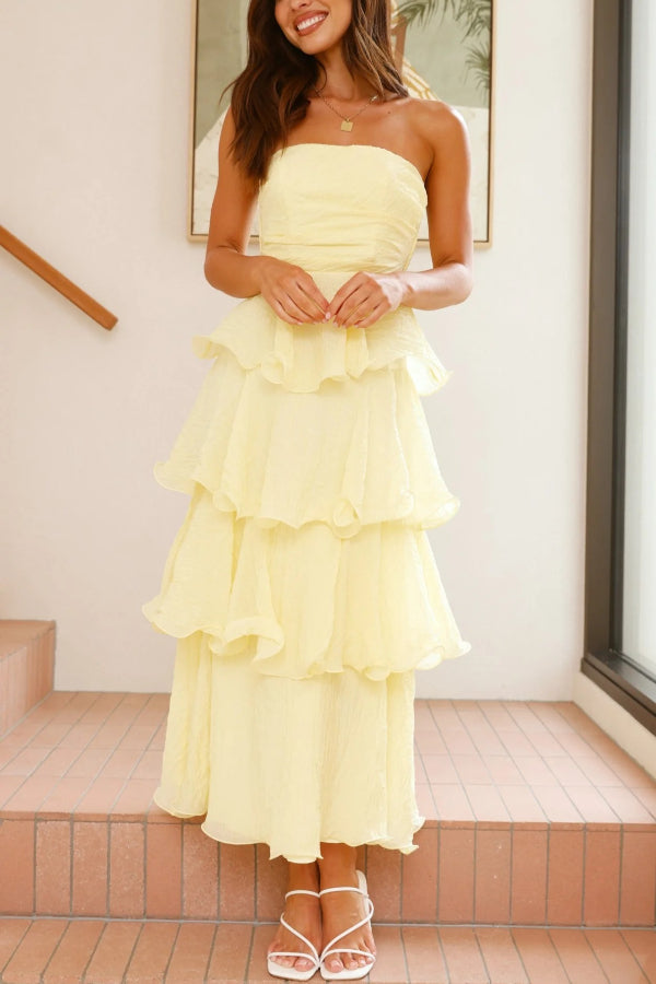 Pure Color Sexy Tube Top Backless Multi-layered Maxi Dress - Fashionpara