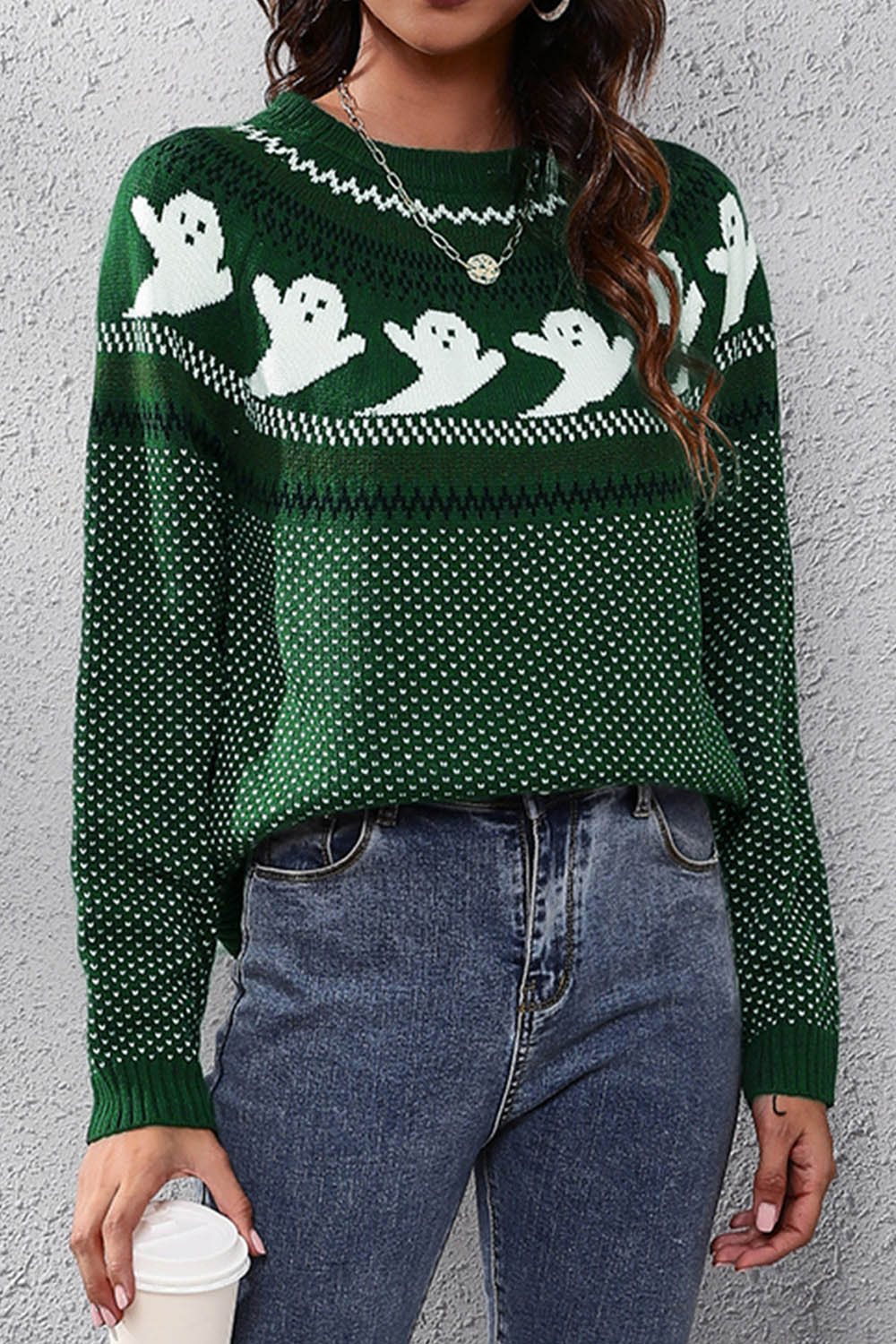 Halloween Ghost Retro Polka Dot Long Sleeve Knitted Sweater - Fashionpara