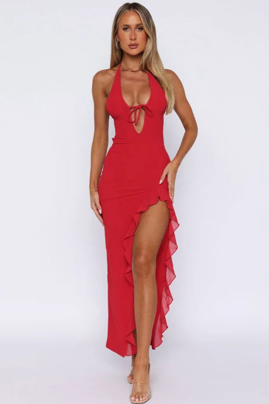 Ruffle V-Neck Patchwork Midi Dress