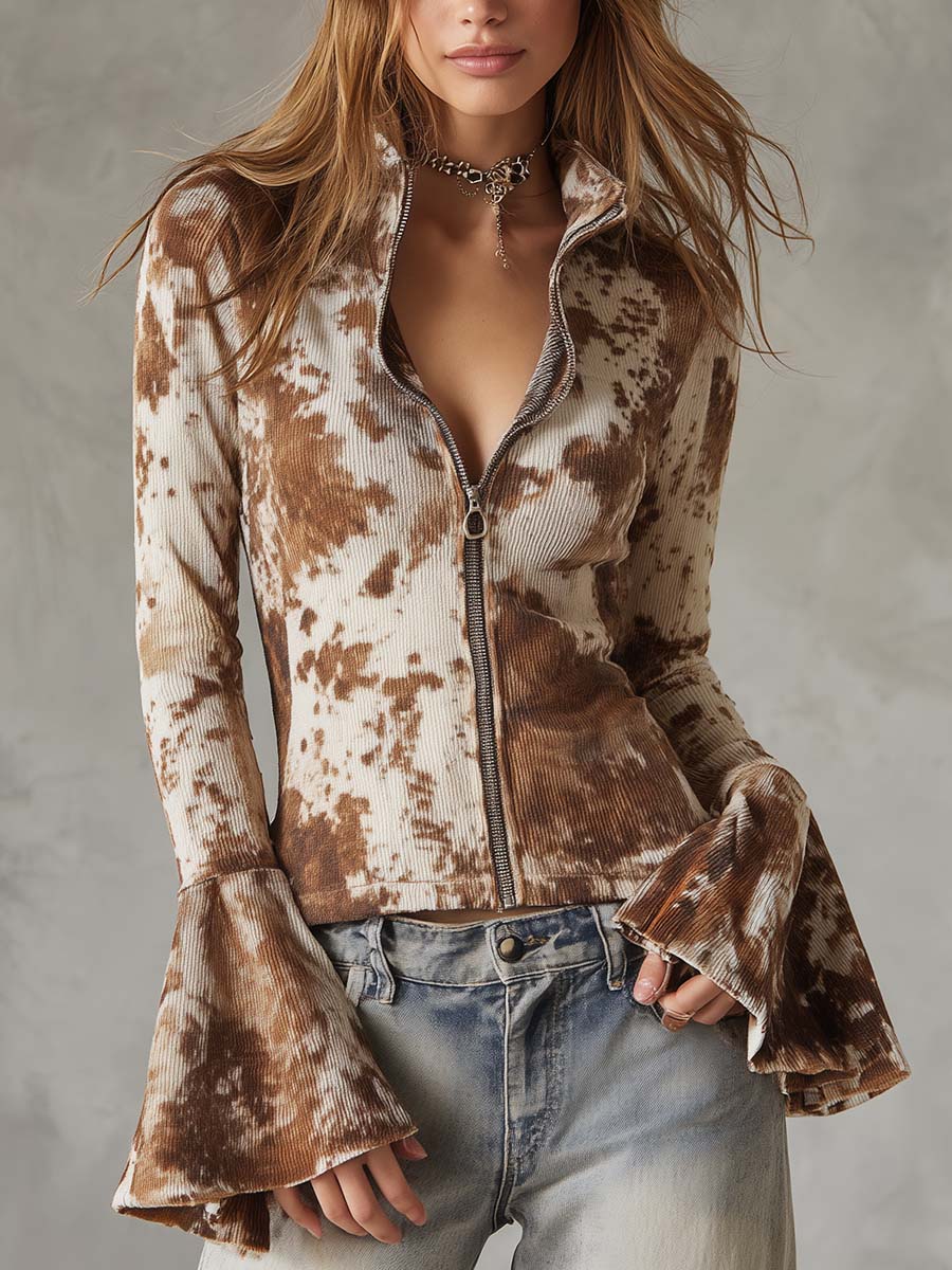 Leather-printed Bell-sleeve Ribbed Knit Shirt - Fashionpara