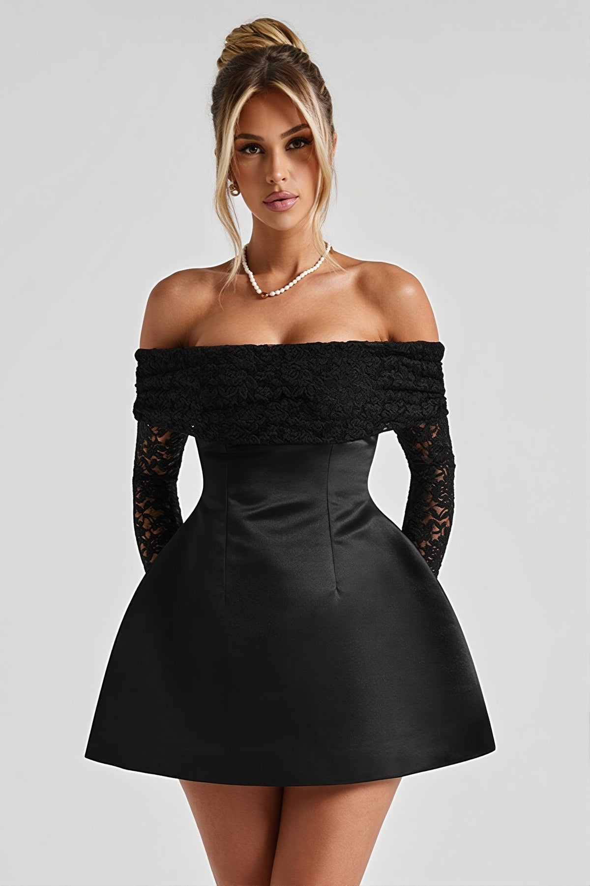 Off Shoulder Lace Long Sleeve Fit and Flare Mini Dress