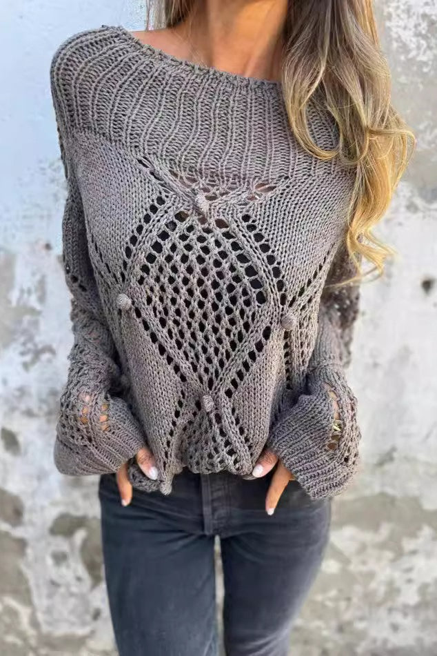 Elegant Round Neck Hollow Knit Sweater for Stylish Comfort