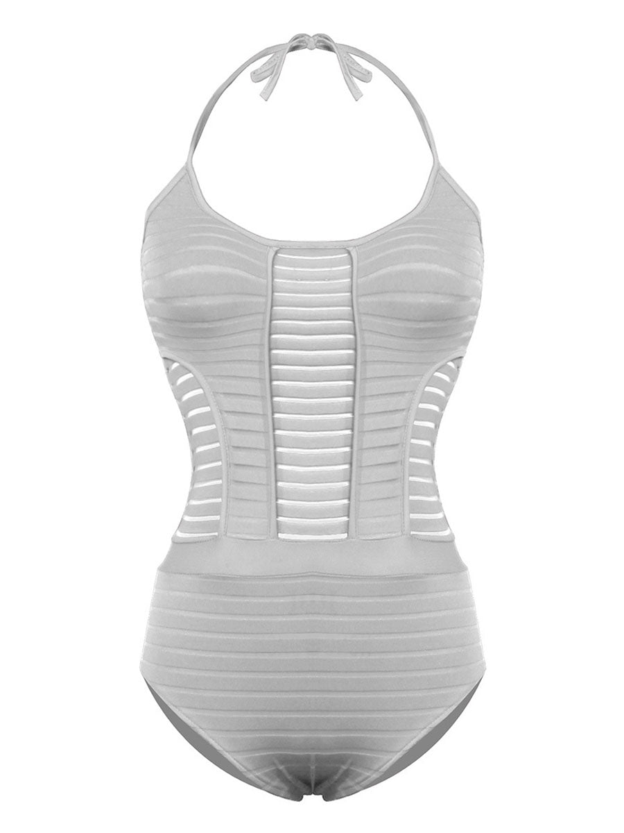 Stripe Mesh Panel Halter Straps One Piece Swinsuit - Fashionpara