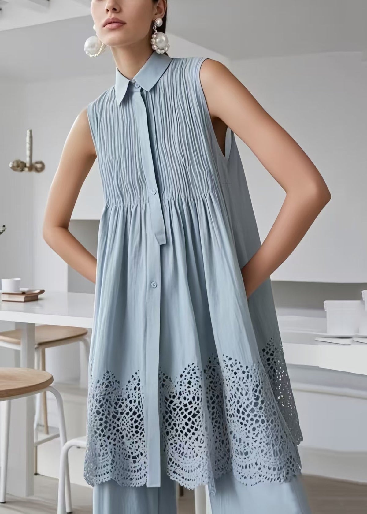 Collar Button Down Pintuck Pleated Babydoll Eyelet Hem Mini Dress - View 4