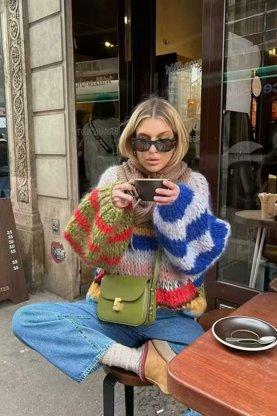 Chic Rainbow Stripe Crewneck Long Sleeve Knit Sweater