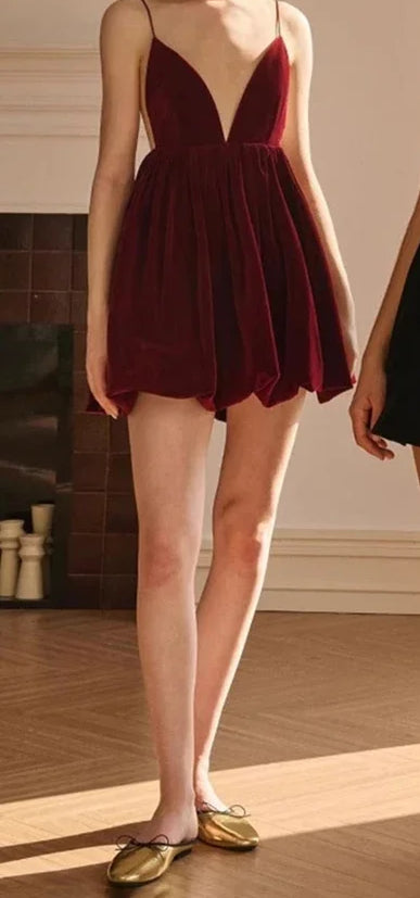 Velvet Spaghetti Strap Plunge Bubble-Hem Mini Dress 4